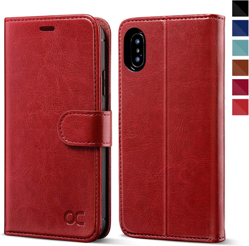 OCASE Phone X Wallet Case - Red, Leather Flip Wallet Cover with Card Slot, Kickstand, Wireless Charging, Phone 10 Case