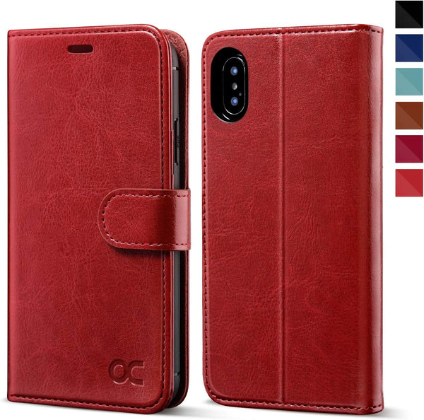 OCASE Phone X Wallet Case - Red, Leather Flip Wallet Cover with Card Slot, Kickstand, Wireless Charging, Phone 10 Case