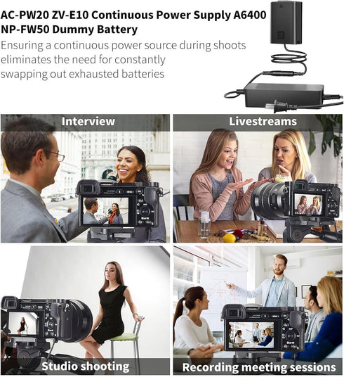 F1TP AC PW20 Power Supply Adapter - NP-FW50 Dummy Battery Coupler Kit for Sony Alpha A6000, A7II, RX10 II, III, IV