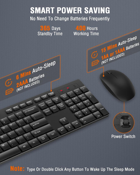 Wireless Keyboard and Mouse Combo, EDJO Silent Full Size USB Keyboard with Long Battery Life for Computer, Laptop, PC