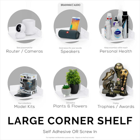 9" Small Corner Shelf Mount, Adhesive & Screw in, for Speakers, Cameras, Baby Monitors, Plants, Books Electronics