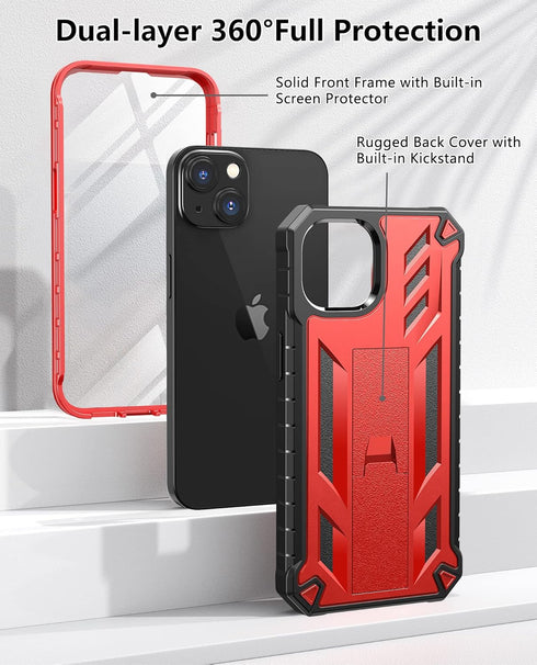 Protective Case for iPhone 13/14, Heavy Duty Military Grade Cover with Built-in Kickstand, Shock Proof Red