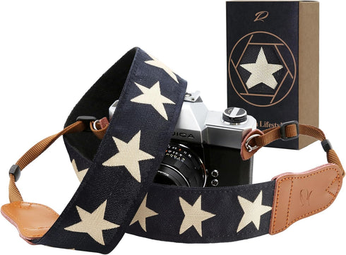 Padwa Lifestyle Pentagram Embroidered Camera Strap, Double Layer Cowhide Ends, 2" Cotton Woven Adjustable Vintage Neck