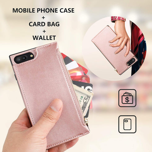 Bocasal Wallet Case for iPhone 7 Plus/8 Plus, 5.5 Inch, Rose Gold, 3 Card Slots, Cash Holder, Zipper Design, Magnetic