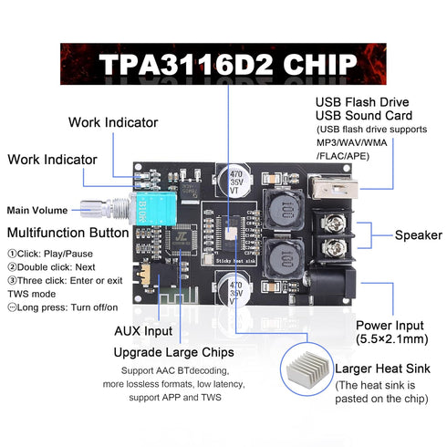 ZK-1001B Mono Bluetooth Amplifier Board with TPA316D2 Chip, Wide Voltage Input 12-24V, Peak Output Power 100W, Black