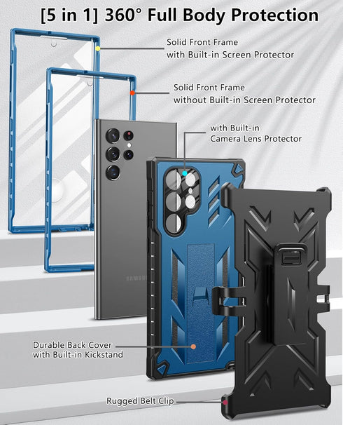 FNTCASE Samsung Galaxy S22 Ultra Case: Blue, Built-in Screen Protector, Kickstand, Belt-Clip Holster, Rugged Heavy Duty