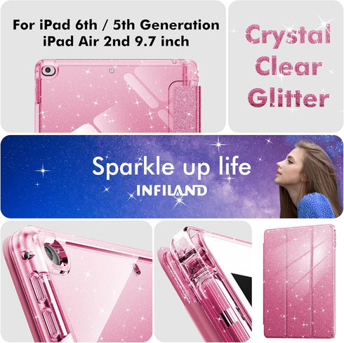 INFILAND 6th/5th 9.7 Inch 2018/2017, 2 Case for iPad Generation iPad Air Cute Glitter Clear Protective Cover for Kids