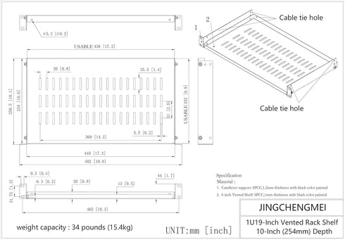 JINGCHENGMEI 1U 10"(254mm) 19-Inch Cabinet(1U10V) Disassembled Vented Cantilever Server Rack Mount Shelf Depth