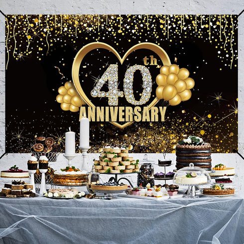 Happy 40th Anniversary Banner Backdrop Decorations, Large Black Gold Wedding Sign Decor for Party Supplies