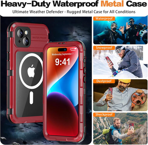 iPhone 15 Waterproof Case Compatible with MagSafe - Metal Heavy Duty IP68 Underwater Case, Red