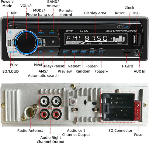 Auroky JSD-520 Charging/MP3/AUX/TF, Car Stereo Audio Single Din Bluetooth Handsfree FM Radio Receiver USB No CD Player
