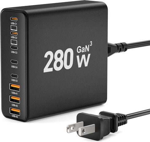 280W USB C Charger Block, 8-Port Charging Station, GaN III PD 65W Laptop Charger for MacBook Pro/Air, DELL