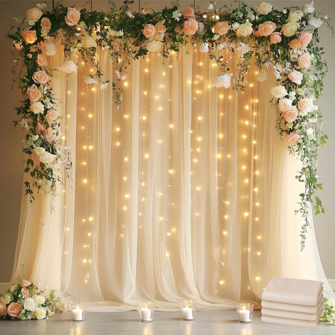 Fomcet Tulle Curtains with Lights String Champagne 20FT X 8FT Sheer Backdrop