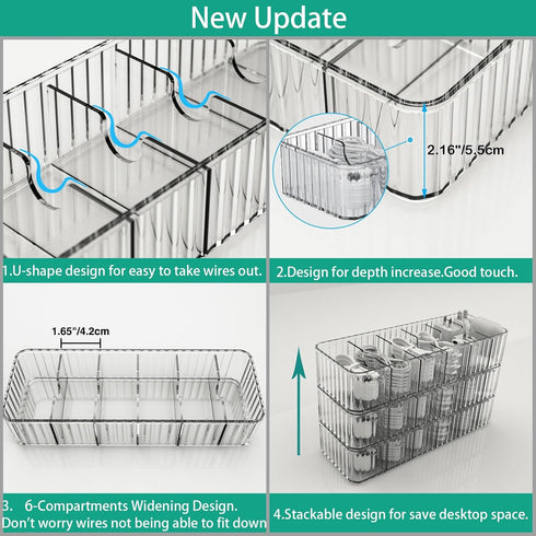 Cable Storage Boxes Organizers 2 Pack, Stackable Cord Charger Storage Organizer Box Case with 20pcs Cable Ties, Clear