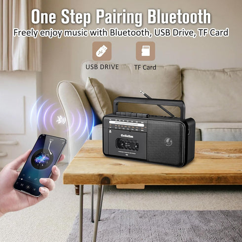 Gelielim Cassette Tape Player Bluetooth Boombox, AM/FM/SW Radio Stereo, Tape Player/Recorder with Big Speaker, Earphone