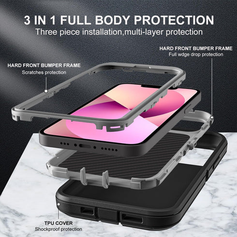 iPhone 13 Mini Case, Military Grade 3 in 1 Heavy Duty Shockproof/Dust Proof with 2Pcs Tempered Glass Protector
