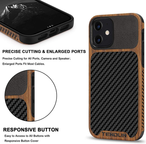 TENDLIN Compatible with iPhone 12 / 12 Pro Case, Wood Grain with Carbon Fiber Texture Design, Leather Hybrid Case