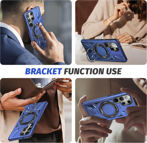 Galaxy S24 Ultra Navy Blue Case: Dual Layer Hard PC Cover with Camera Lens Protector & 360° Ring Holder Stand.