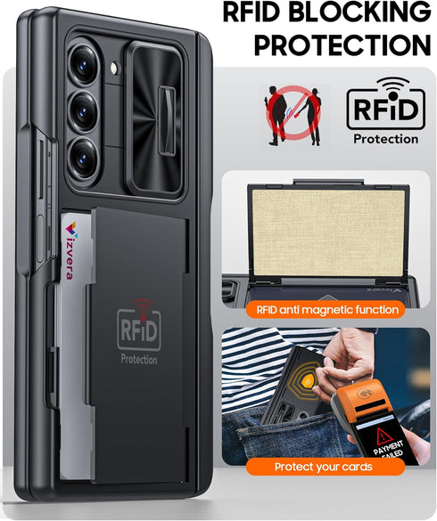 Vizvera Black Shockproof Silicone Wallet Case for Samsung Galaxy Z Fold 6, RFID Cards Holder, Camera Cover