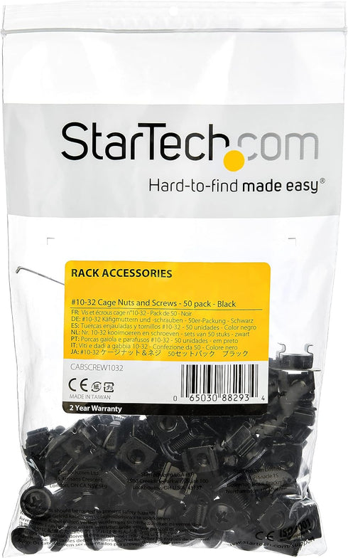 StarTech.com 50 Pack 10-32 Server Rack Cage Nuts and Screws with Washers - Rack Mount Hardware Kit