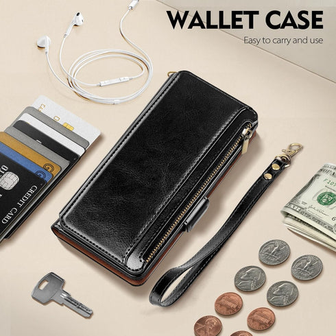 Antsturdy Wallet Case for iPhone 13 Pro Max, RFID Blocking PU Leather Flip Cover with Wrist Strap and Zipper Credit