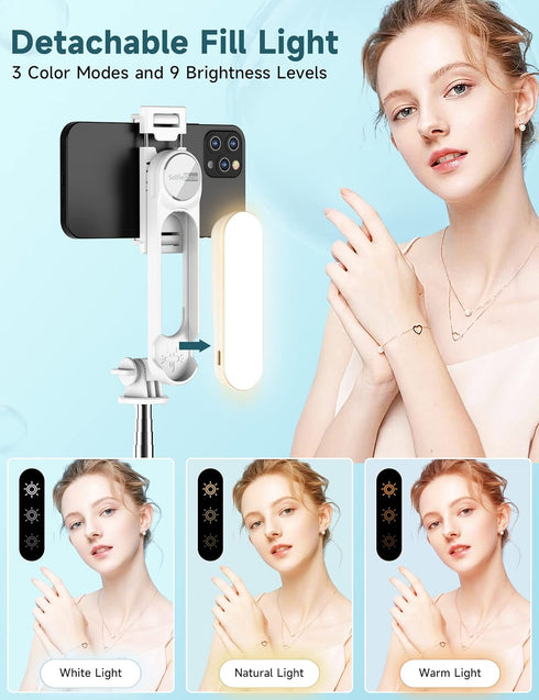 SelfieShow 44 Inch 360 15/14/13/12/11 Stable Selfie Stick Tripod with Fill Light, Extendable Selfie Stick with Wireless