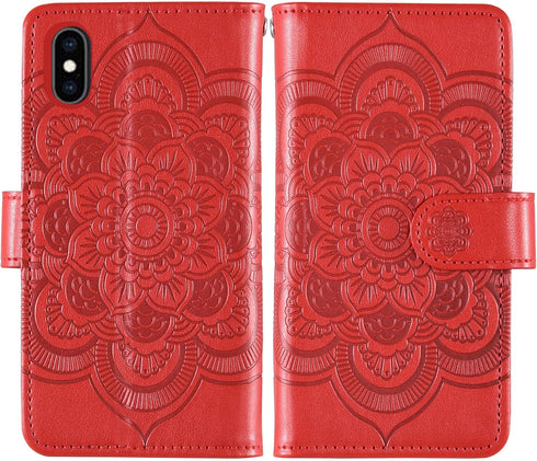 Asuwish iPhone Xs Max Wallet Case: Flower Leather Flip, TPU, Tempered Glass Protector, Credit Card Holder, Red.