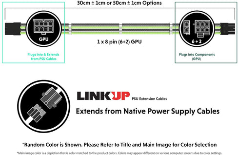 LINKUP - AVA 50cm PCI-E 8P(6+2) GPU PSU Power Supply Braided Sleeved Custom Mod PC Extension Cable, Single Pack