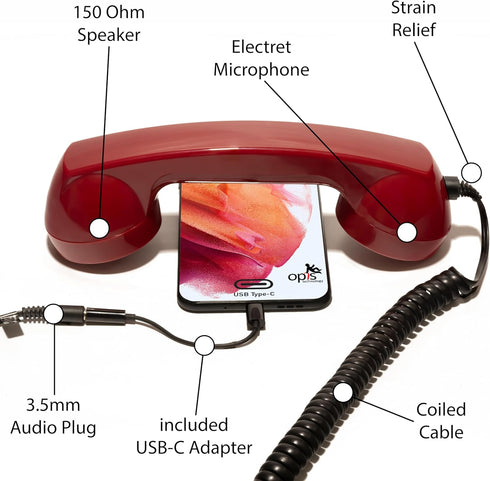Telephone Handset for Cellphone/Retro Phone Handset, Mobile Receiver, Red, 60s Micro by Opis, Germany