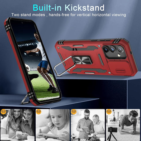DEERLAMN Samsung Galaxy S24 Case - Red, Military Grade Shockproof, Slide Camera Cover + Screen Protector, Rotated Ring