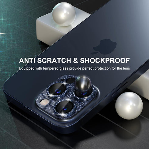 Choiche Bling Camera Lens Protector for iPhone 15 Pro/Pro Max, 9H Tempered Glass, Glitter-Titanium Blue, Metal Ring.