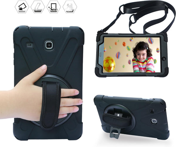 BRAECN Galaxy Tab E 8.0 Case, 360 Degree Rotation Stand/Hand Strap, Shock Proof Hybrid pc+Silicone Cover (Black)