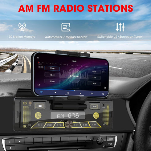 Single-Din Stereo with Car Phone Holder, Bluetooth Car Radio, Push to Talk Assistant, Multi Color LCD AM FM Tuner, AUX