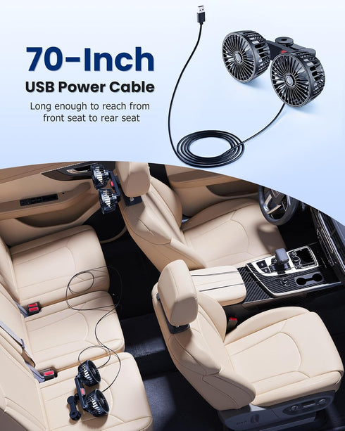 Yatessence 360 12V/24V Dual-Head Rear Seat Car Fan, Powerful Airflow, Rotation, Blows Both Left & Right, Adjustable