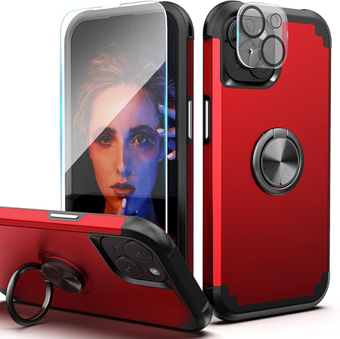 IDweel iPhone 15 Plus Case: 2-in-1 Shockproof Cover with Screen Protector, 360° Ring Holder, Camera Lens Protector, Red.