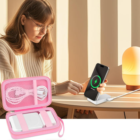 Case for Anker MagGo 3-in-1 Charging Station, Foldable Magnetic Battery Storage Holder Bag, Pink-Box Only