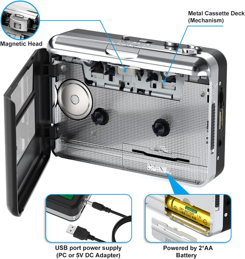 DIGITNOW Cassette MP3 MP3 BR607 USB Player, Portable Walkman Stereo Tape to Converter, Audio Music Recorder to Digital