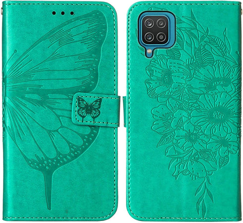 Flip Cover Phone Case Wallet for Samsung Galaxy A12, Butterfly Floral Embossed, Wrist Strap, Card Holder, Green