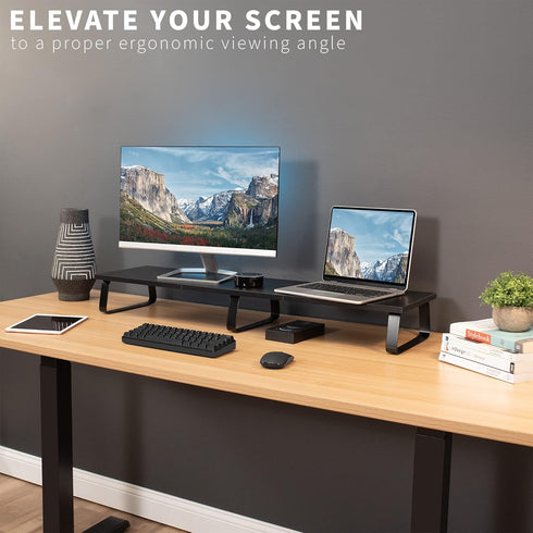 VIVO 39 inch Extra Long Monitor Stand, Wood & Steel Desktop Riser, Dual Screen Organizer for TV, Keyboard, Laptop