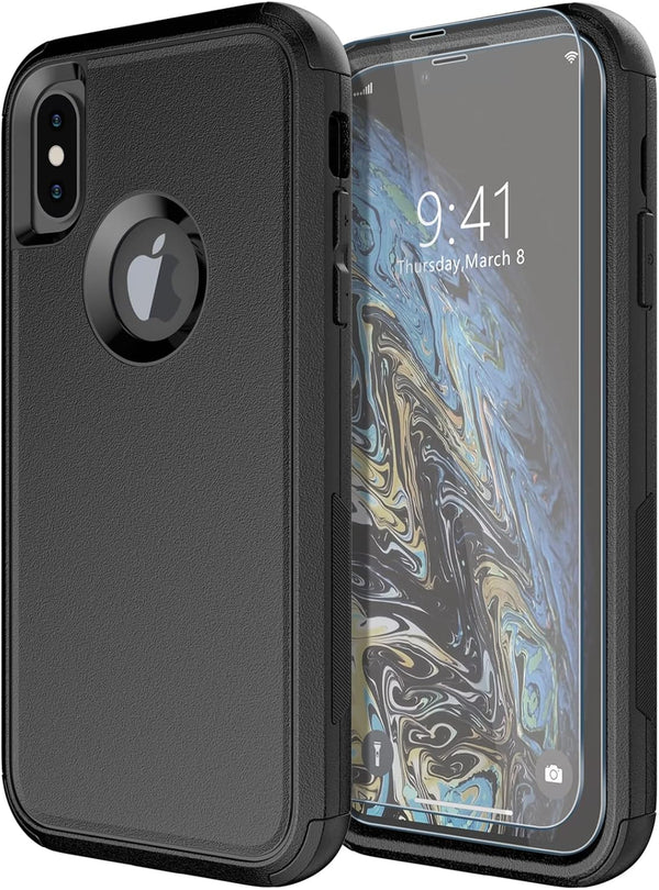 Diverbox Heavy Duty Protection Case for iPhone X/Xs, Shockproof with Tempered Glass Screen Protector, Black