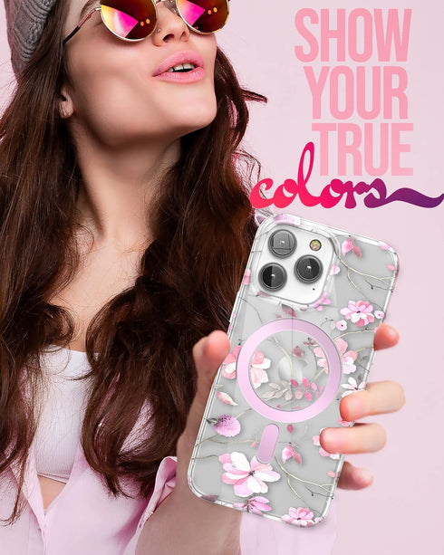 ENCASED Magnetic Case for iPhone 14 PRO with Screen Protector - Compatible with MagSafe Accessories (Pink Flowers)