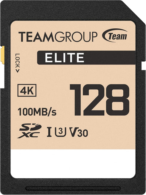 TEAMGROUP Elite 128GB UHS-I U3 V30 UHD SDXC Memory Card, High Speed 4K Compatible with Canon Sony Nikon