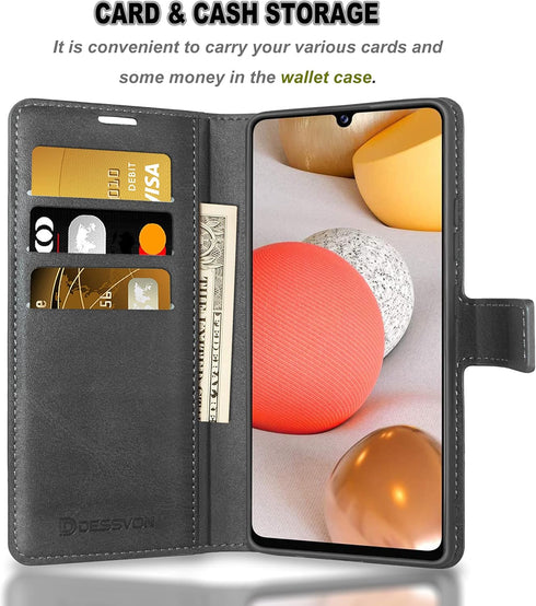 Galaxy A42 5G Case, Black Leather Wallet Flip Folio Case with Card Slots, Kickstand, Magnetic Closure, Ultra Slim