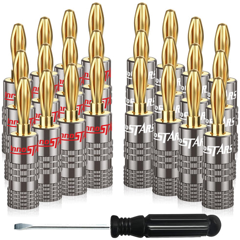 Bullet Pin Banana Plugs for Speaker Wire (12 Pairs, 24 Pcs), 4mm Dual Screw Type, 24K Gold Plated Connectors,