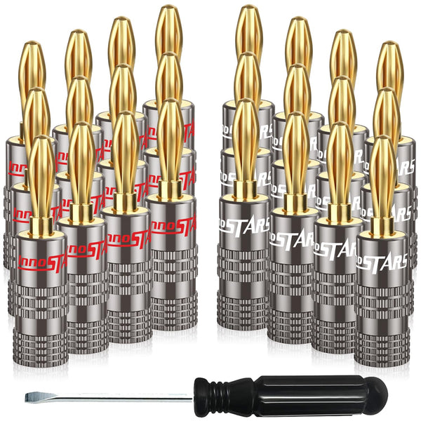 Bullet Pin Banana Plugs for Speaker Wire (12 Pairs, 24 Pcs), 4mm Dual Screw Type, 24K Gold Plated Connectors,