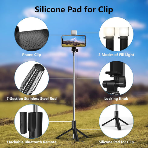 40 in Selfie Stick, Retractable Phone Tripod with Wireless Remote Control & Light, Compatible with All Cellphones