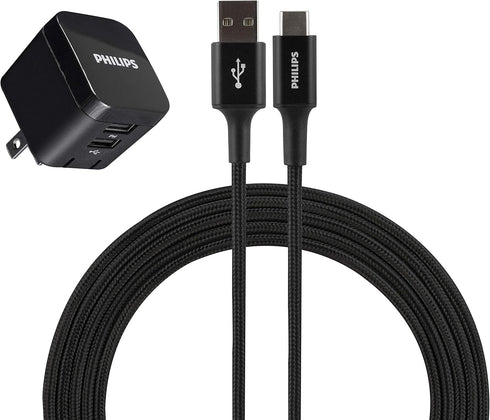 Philips Wall Charger Charging Kit, 2 Port, 12W, USB-A to USB-C, 6ft Braided for iPhone 12/11/Pro/Max/XS/XR/X/8, iPad