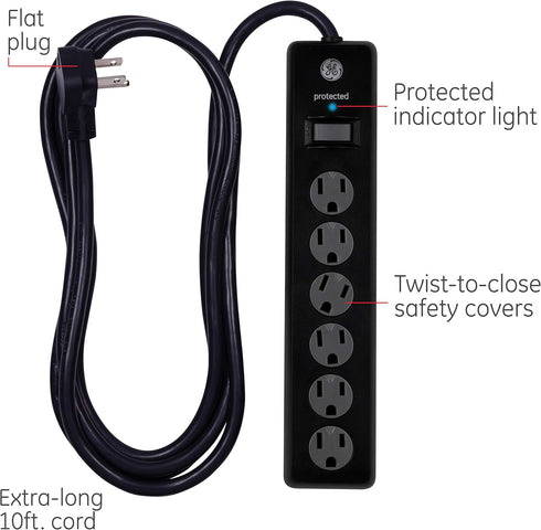 GE 6-Outlet Surge Protector, 2 Pack, 10 Ft Extension Cord, Power Strip, 800 Joules, Black