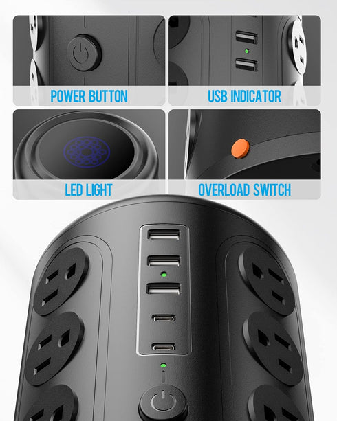 Surge Protector Power Strip 10 FT Cord, TenTrend Tower with 16 Outlets and 5 USB Ports for Home Office
