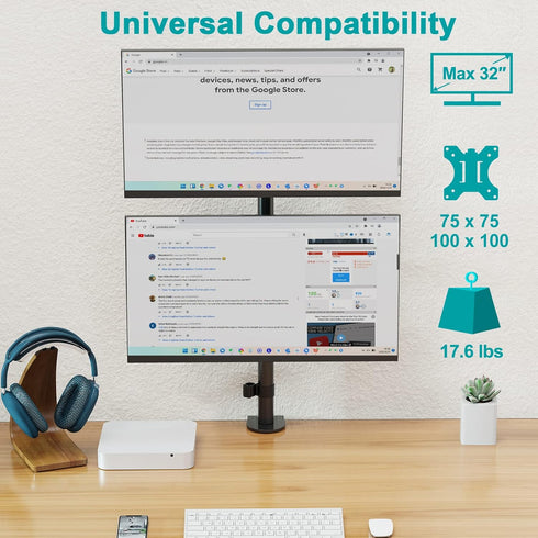 MOUNT PRO Vertical Dual Monitor Stand, Stacked Monitor Mount for 2 Monitors Up to 32 inches, Adjustable Desk Mount